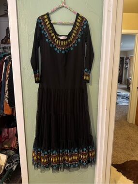 Rojas Black Embroidered Tiered Maxi Dress with Turquoise & Yellow Accents